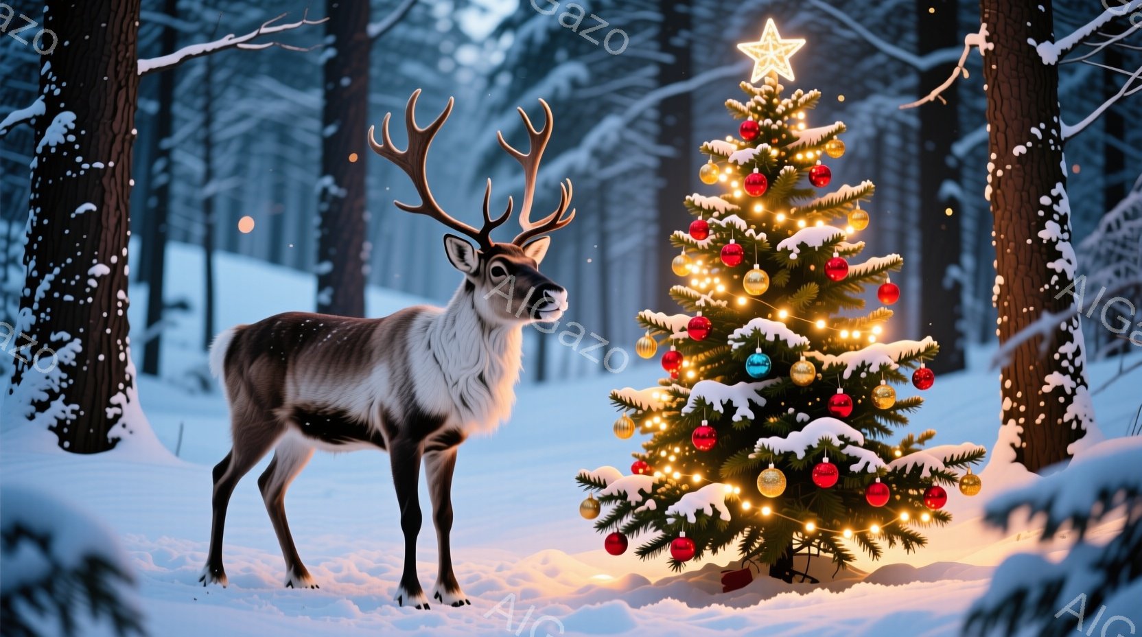 雪が降る森の中で、雄大なトナカイがクリスマスツリーの前に立っている。ツリーは色とりどりのオーナメントと電飾で美しく飾られ、暖かな光を放っている。背景には雪に覆われた木々が立ち並び、幻想的で穏やかな冬の - AI生成フリー素材