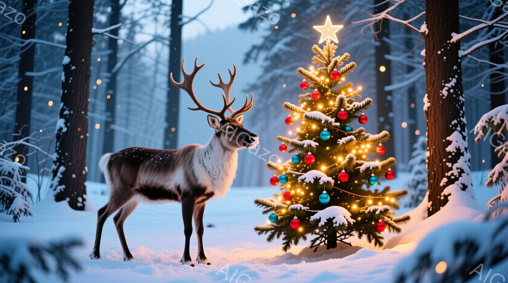 白い雪景色の中に、角を持つシカがクリスマスツリーの前に立っている。ツリーはカラフルなオーナメントと輝くライトで飾られ、雪が舞う森の中で暖かく輝いている。シカは静かにツリーを見つめ、穏やかで幻想的な雰囲 - AI生成フリー素材