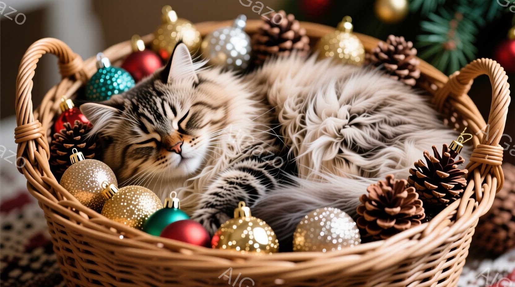 縞模様の猫が、クリスマスオーナメントと松ぼっくりで満たされた籐のバスケットの中で丸まって眠っています。猫は目を閉じ、リラックスした表情で、柔らかい毛並みがはっきりと見えます。背景にはぼやけた緑のクリス - AI生成フリー素材