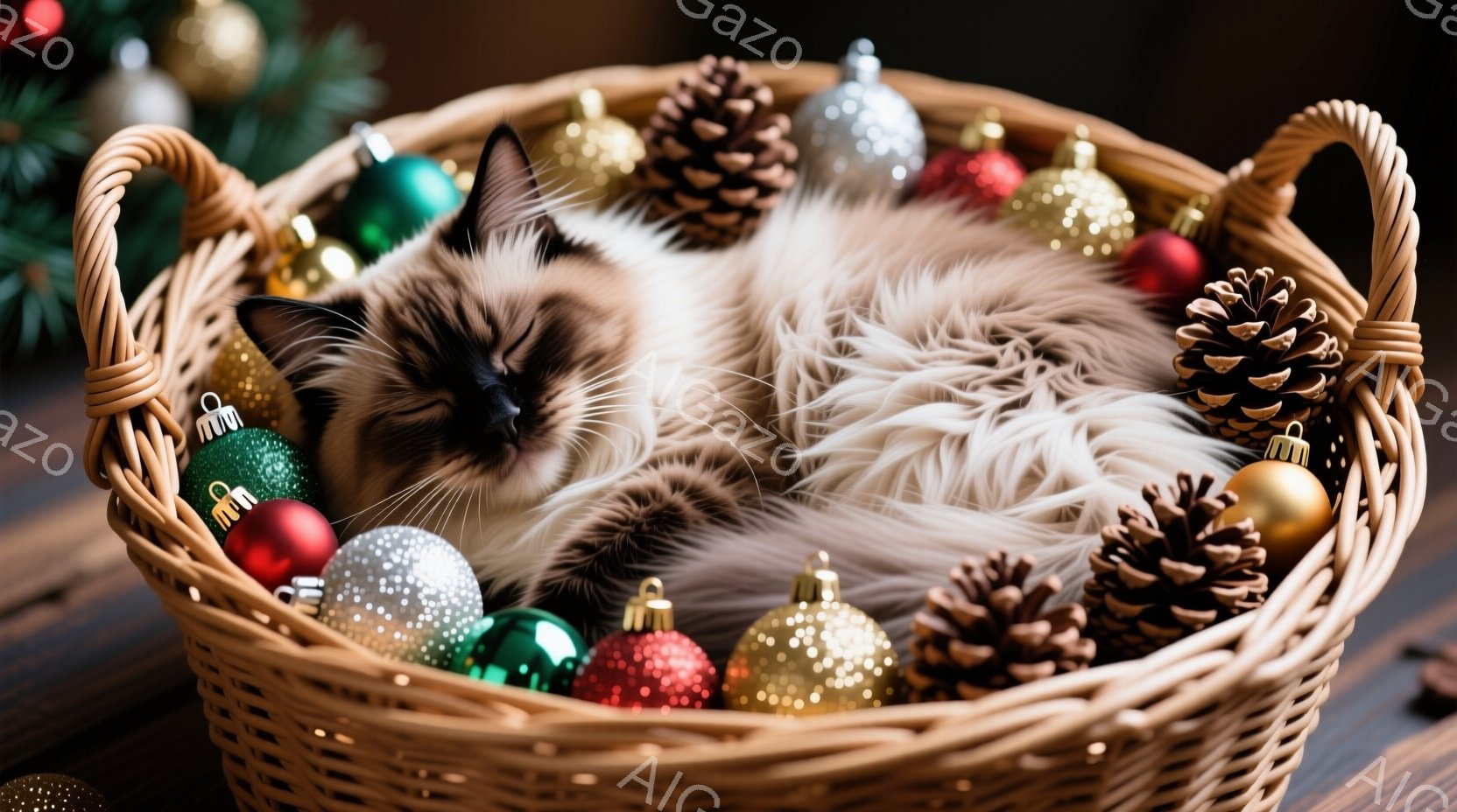 籐で編まれたバスケットの中に、クリーム色と茶色の毛並みが美しいシャム猫が丸まって眠っています。バスケットの周りには、赤、緑、金色のクリスマスオーナメントや松ぼっくりが散りばめられており、木製の床が背景 - AI生成フリー素材