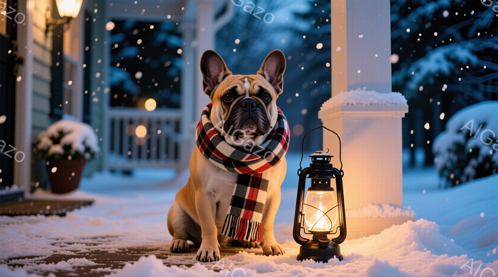 雪が降る中で、クリーム色のフレンチブルドッグがチェック柄のショールを首に巻き、正面を見つめて座っています。背景には雪で覆われた玄関と、温かい光を放つランタン、そして暗い木々が見えます。全体的に、静かで - AI生成フリー素材