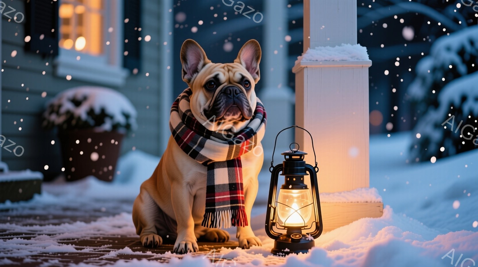 クリーム色のフレンチブルドッグが、赤と黒のチェック柄のストールを巻いて雪の上に座っています。背後には家の外観、雪に覆われた植物、そして点灯したランタンが見え、穏やかで冬の雰囲気を醸し出しています。雪が - AI生成フリー素材