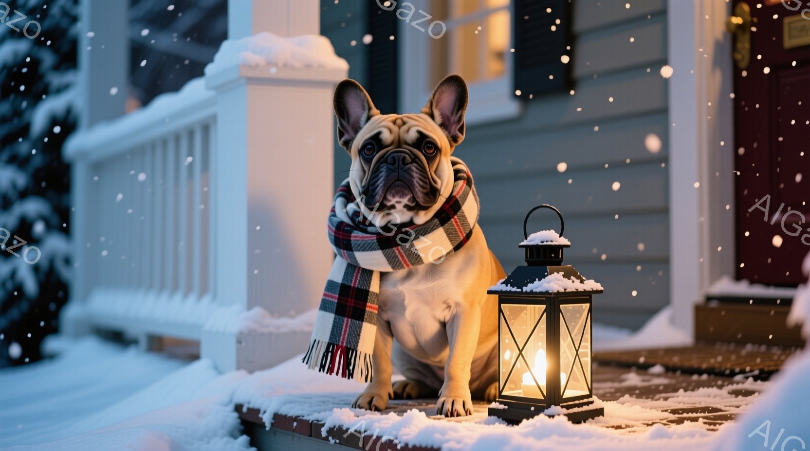 茶色のフレンチブルドッグが、赤と白のチェック柄のショールを首に巻き、レンガ造りの家の階段に座っています。背後には雪が降り積もり、温かい光を放つランタンが置かれています。全体的に温かく、冬の穏やかな夜の - AI生成フリー素材