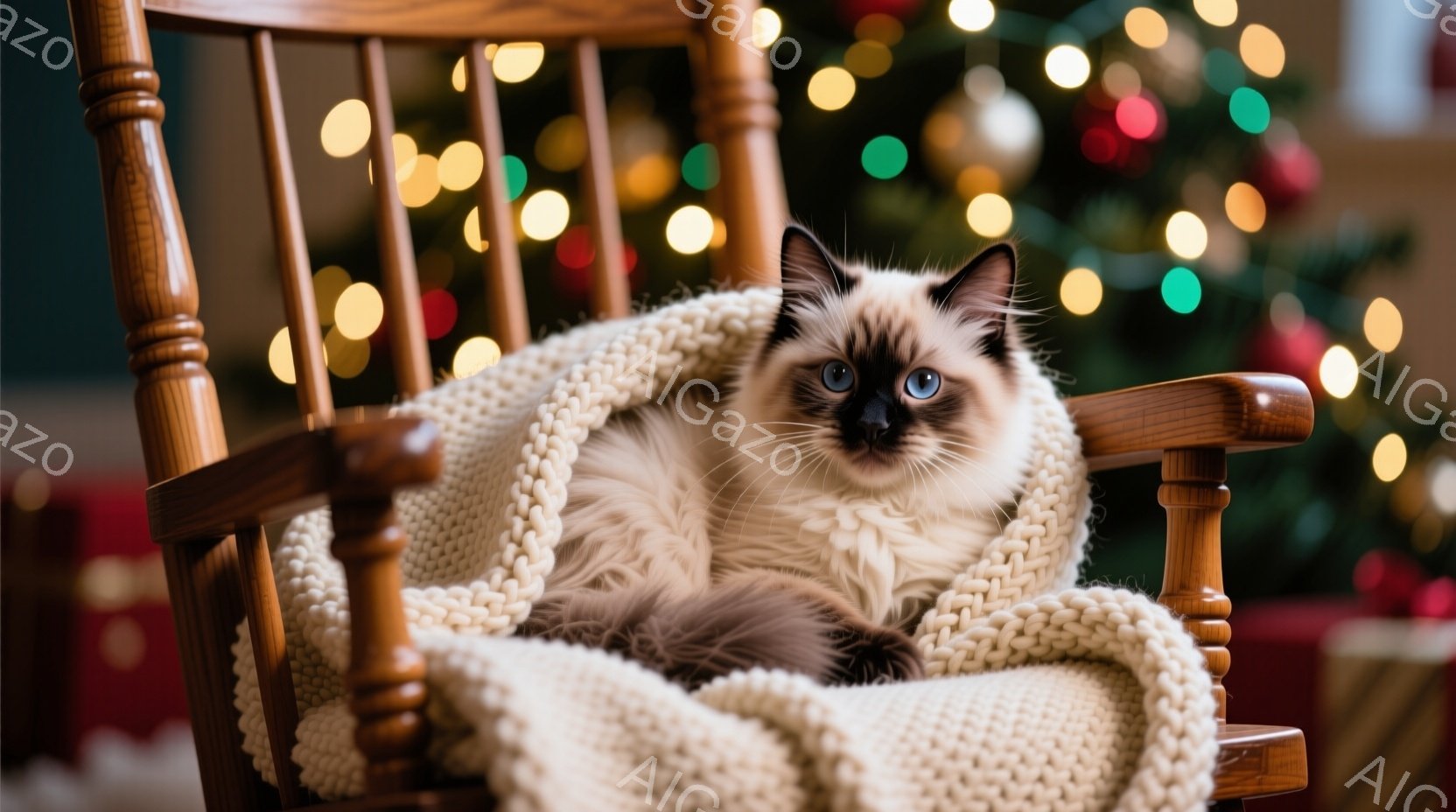 長毛のシャム猫が、編み物のブランケットにくるまってロッキングチェアに座っています。猫は青い瞳でカメラを見つめ、リラックスした表情を浮かべています。背景にはぼやけたクリスマスツリーとプレゼントが見え、温 - AI生成フリー素材