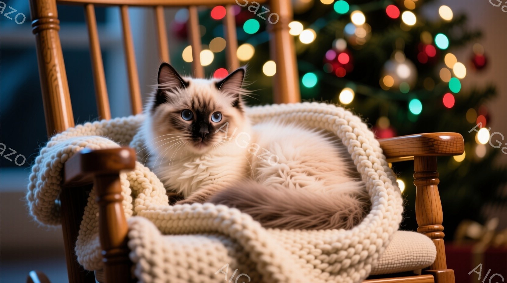白と茶色のまだら模様の猫が、クリーム色の編み物のブランケットに包まれたロッキングチェアにゆったりと座っています。猫は青い目を持ち、落ち着いた表情でカメラを見つめています。背景には、ぼやけたクリスマスツ - AI生成フリー素材