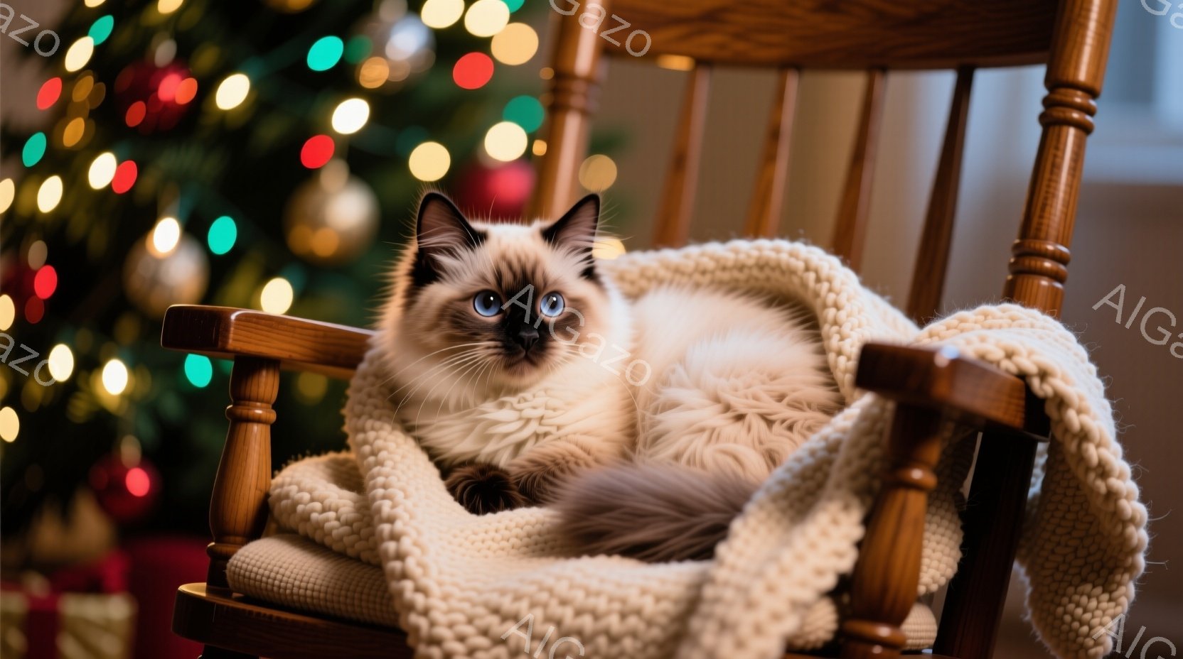 長い毛並みのシャム猫が、木製のロッキングチェアに丸まって座り、柔らかいクリーム色の毛布に包まれています。猫は青い目を持ち、リラックスした表情で、暖かく心地よい雰囲気を醸し出しています。背景にはぼやけたクリスマスツリーの光があり、お祝いのムードをさらに高めています。
