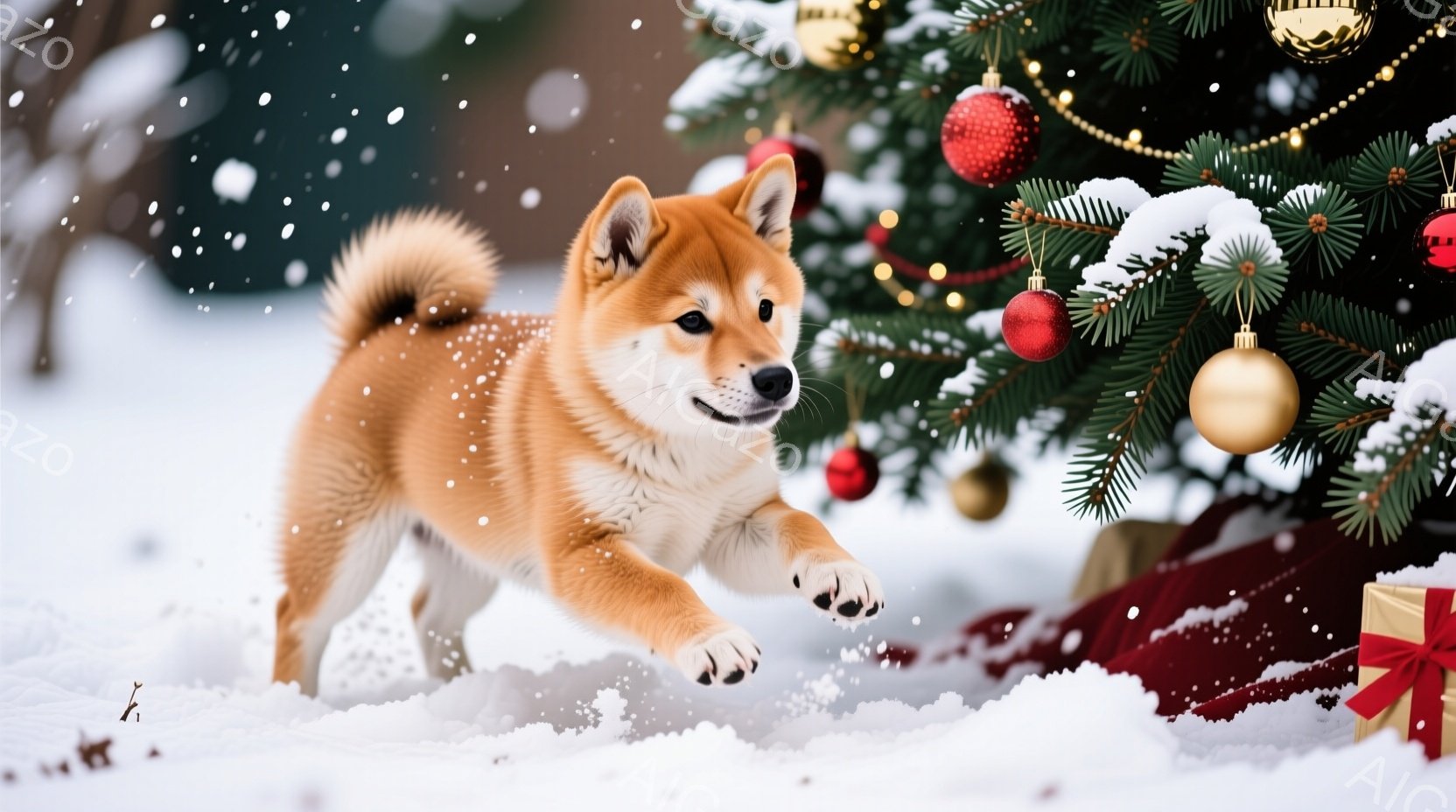 柴犬の子犬が雪の中を駆け抜けています。背景にはクリスマスツリーがあり、赤いオーナメントと金色のオーナメントで飾られています。雪が舞い降りており、暖かく、お祝いの雰囲気が漂っています。 - AI生成フリー素材
