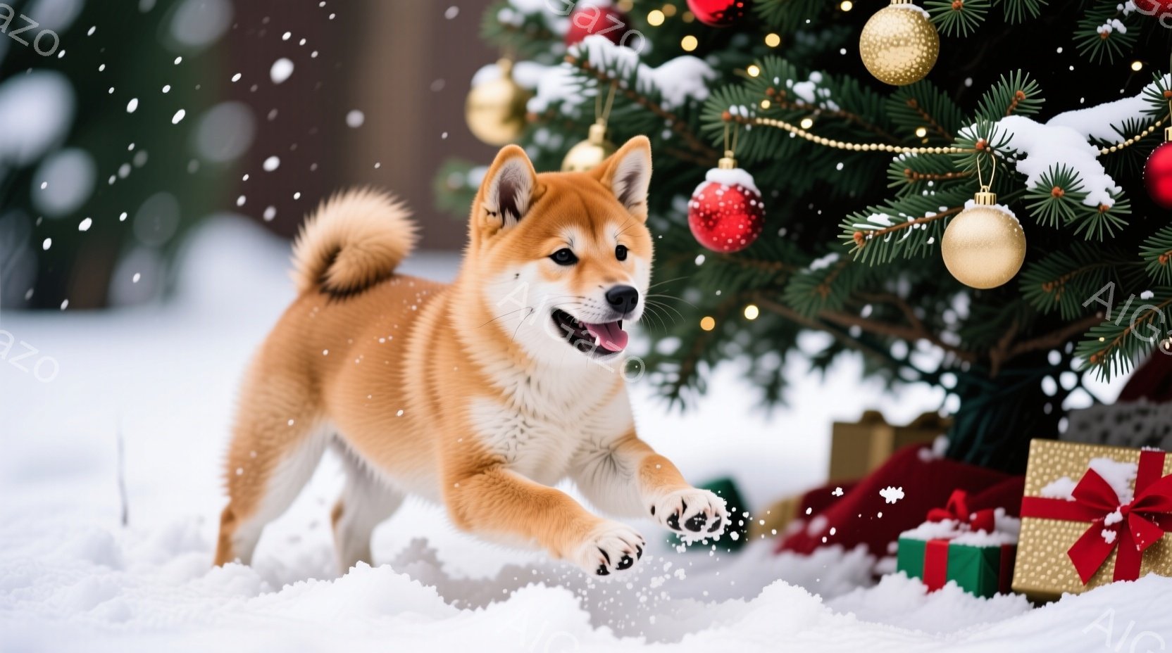 柴犬が雪の中で駆け抜けている様子が捉えられています。背景にはクリスマスツリーとプレゼントが置かれ、雪が舞う冬の情景が描かれています。犬は口を開けて楽しそうに走り、活気のあるクリスマスの雰囲気を盛り上げ - AI生成フリー素材