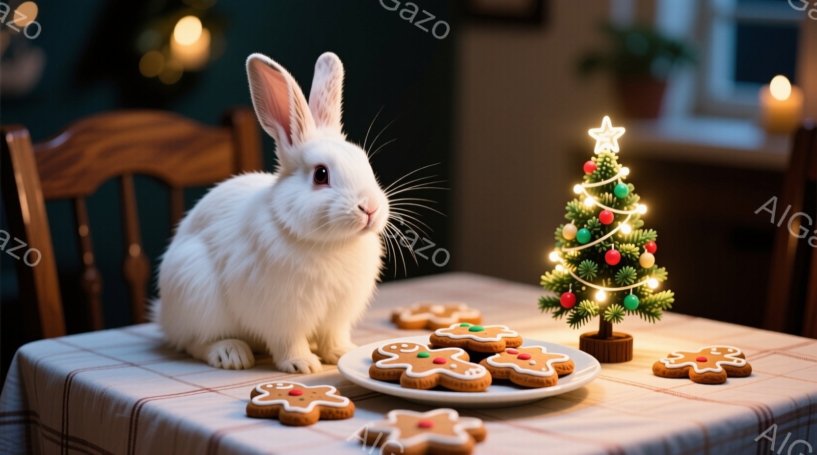 白いウサギがテーブルの上に座り、前にはジンジャーブレッドクッキーが並んだお皿と小さなクリスマスツリーが置かれている。ウサギは前足を揃えて座り、少し好奇心旺盛な表情で正面を見ている。背景は薄暗く、暖炉の - AI生成フリー素材