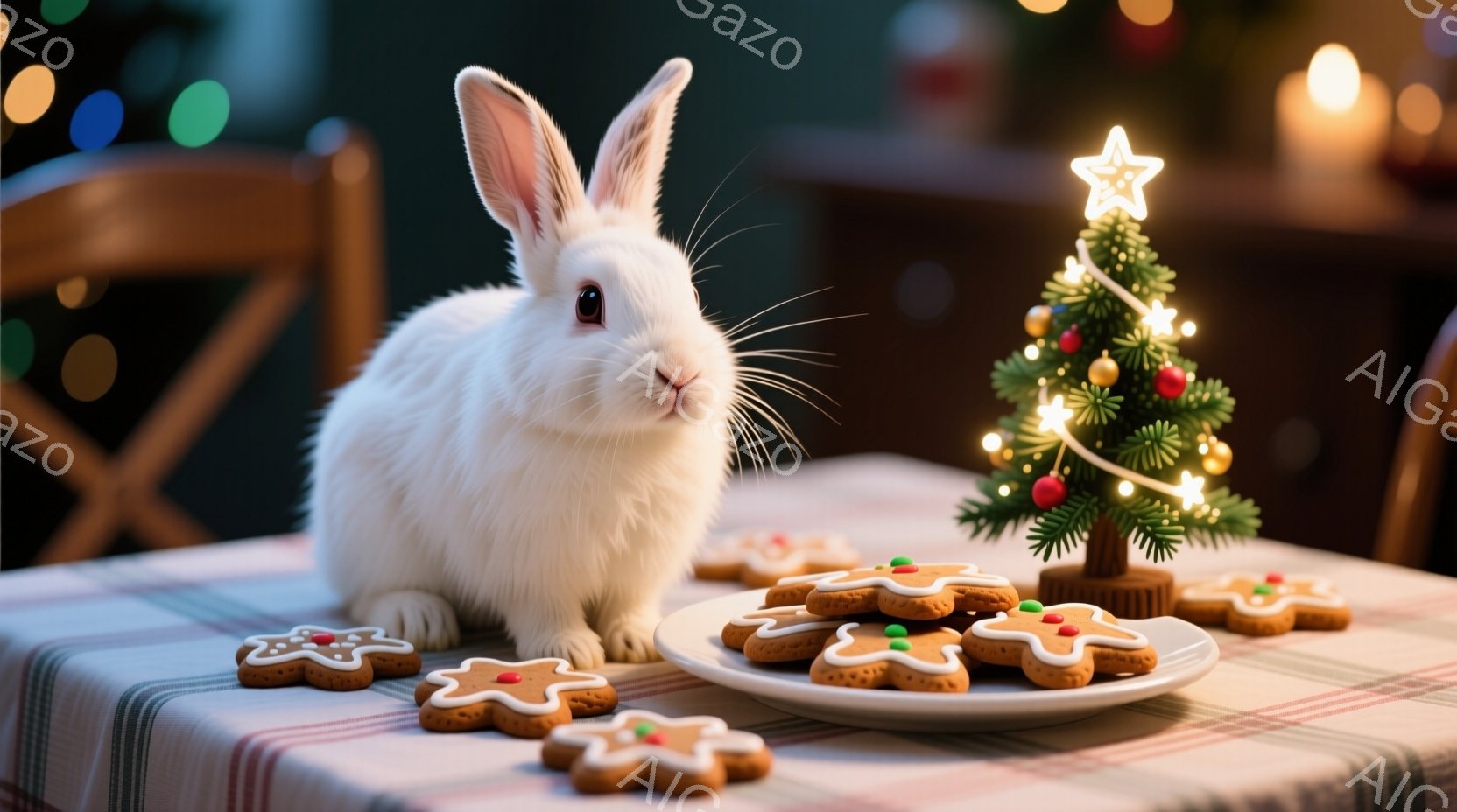 白いウサギがテーブルの前に座っており、周囲にはクリスマスツリーとジンジャーブレッドクッキーが並んでいます。ウサギは正面を見ており、少し緊張した表情を浮かべています。背景はぼやけており、温かい光が灯った - AI生成フリー素材