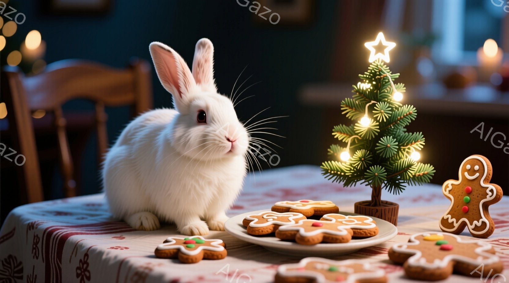 白い毛並みのウサギが、赤いテーブルクロスの上に座ってこちらを見ています。テーブルの上には、クリスマスツリーの形をしたライトと、ジンジャーブレッドマンのクッキーが並べられており、クリスマスの雰囲気を醸し - AI生成フリー素材