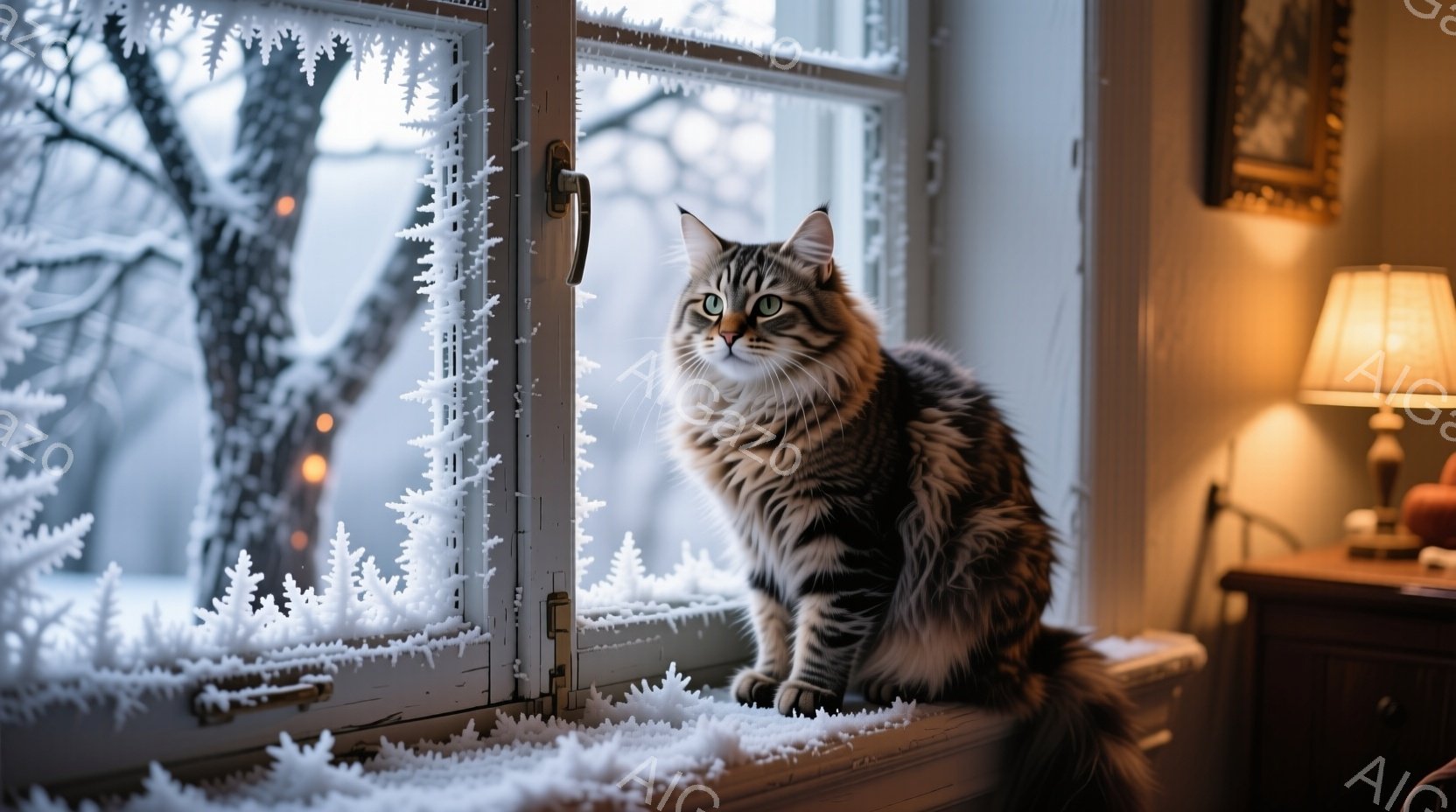 白い窓枠に、縞模様のふわふわとした長毛の猫が座って外を見つめている。窓ガラスには雪の結晶が複雑な模様を描き、背景には雪に覆われた木々が見える暖かく、静かで、冬の穏やかな雰囲気が漂っている。暖色の照明が - AI生成フリー素材