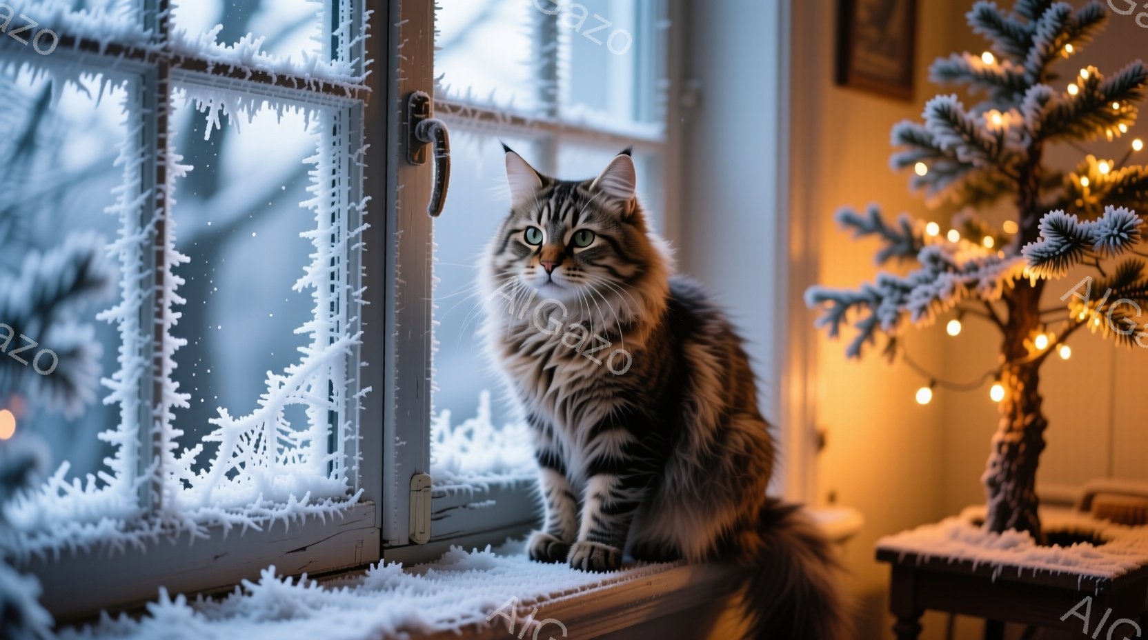 白い窓枠に霜が降り積もり、その前に毛並みの美しい縞模様の猫が座っています。猫は正面をまっすぐ見つめ、少しばかり物憂げな表情を浮かべています。背景には、飾られた小さなクリスマスツリーが見え、暖かく静かな - AI生成フリー素材