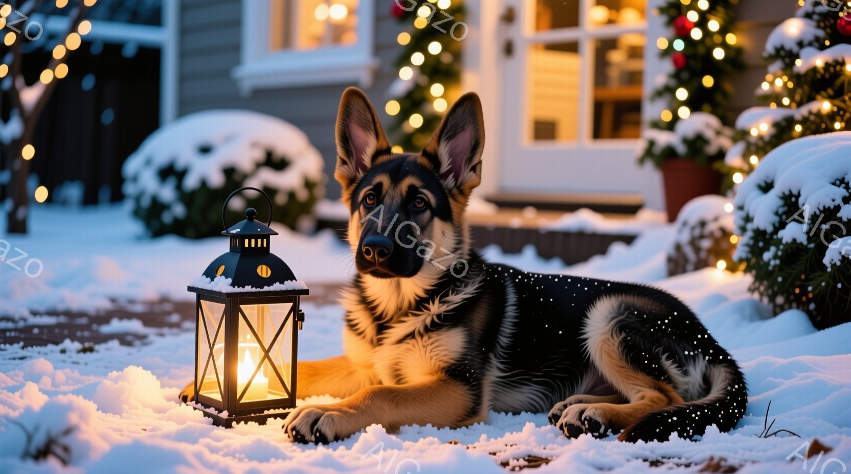 雪に覆われた庭に横たわる、美しいジャーマンシェパードの子犬が写っています。子犬は落ち着いた表情で、暖かく光るランタンのそばでリラックスした姿勢をとっています。背景には、クリスマスライトで飾られた建物と - AI生成フリー素材