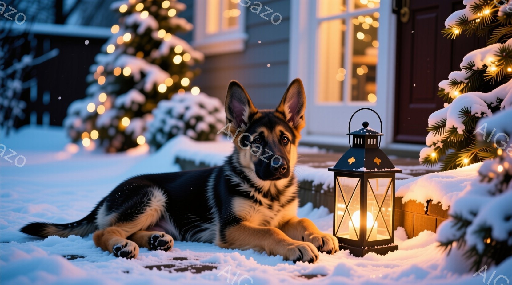 雪に覆われた家の外で、ジャーマンシェパードの子犬がリラックスして横たわっています。子犬は黒と茶色の毛並みで、落ち着いた表情で正面を見つめています。背景には、ライトで飾られたクリスマスツリーや、暖かく光 - AI生成フリー素材