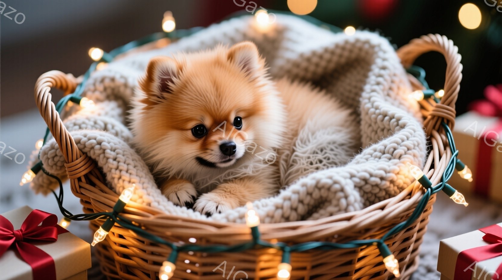 ふわふわの茶色の毛並みを持つ小型犬が、編み物のブランケットが敷かれた籐のバスケットに丸まって眠っています。周りにはキラキラと輝くクリスマスライトが飾られており、バスケットの周りには赤いリボンが付いたギフトボックスが見えます。全体的に暖かく、お祝いムードにあふれた、冬の穏やかな光景です。