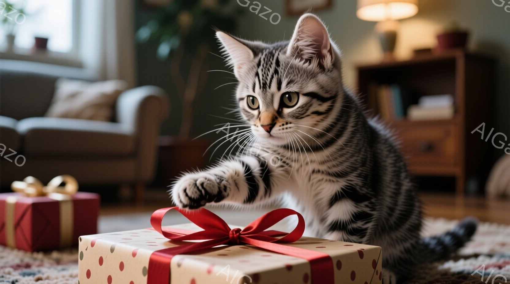 雪で覆われた木の枝に二羽の鳩が並んで止まっています。鳩たちは互いに向き合い、穏やかな表情をしています。背景にはぼやけた街並みが広がり、木の枝には温かい光を放つ電飾が巻き付けられています。