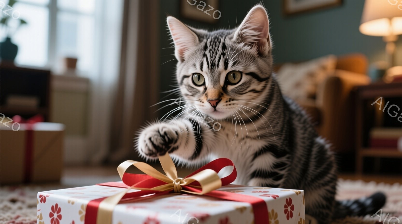 白とグレーの縞模様の小さな子猫が、赤いリボンと金色のリボンで飾られた白いギフトボックスの上に前足を伸ばしています。子猫は好奇心旺盛な表情で、リボンを叩こうとしているようです。背景には、温かみのある色の - AI生成フリー素材