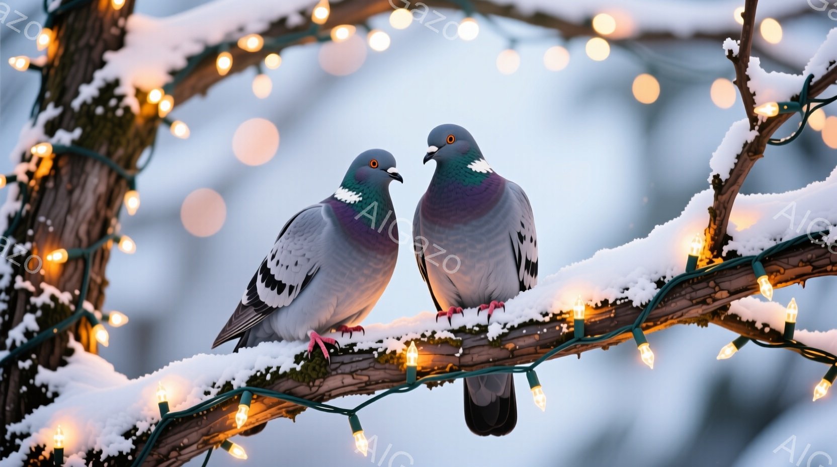 雪に覆われた木の枝に寄り添う2羽のハトが写っています。ハトたちは互いに向き合い、穏やかな表情で静かに佇んでおり、冬の寒さの中で温かい雰囲気を醸し出しています。背景にはぼやけた木々と、カラフルな電飾が散 - AI生成フリー素材
