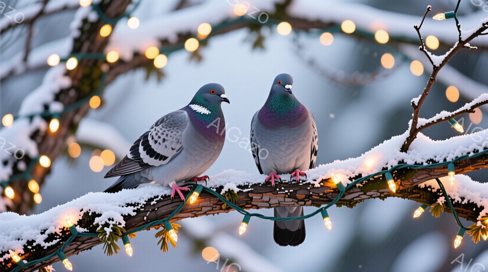 雪で覆われた木の枝に寄り添う2羽のハトが写っています。ハトたちは、灰色と白の羽毛を持ち、ピンク色の足が特徴的で、静かに枝に止まっています。背景には、ぼやけた街並みと、キラキラと輝く電飾があり、冬の穏やかな雰囲気を醸し出しています。