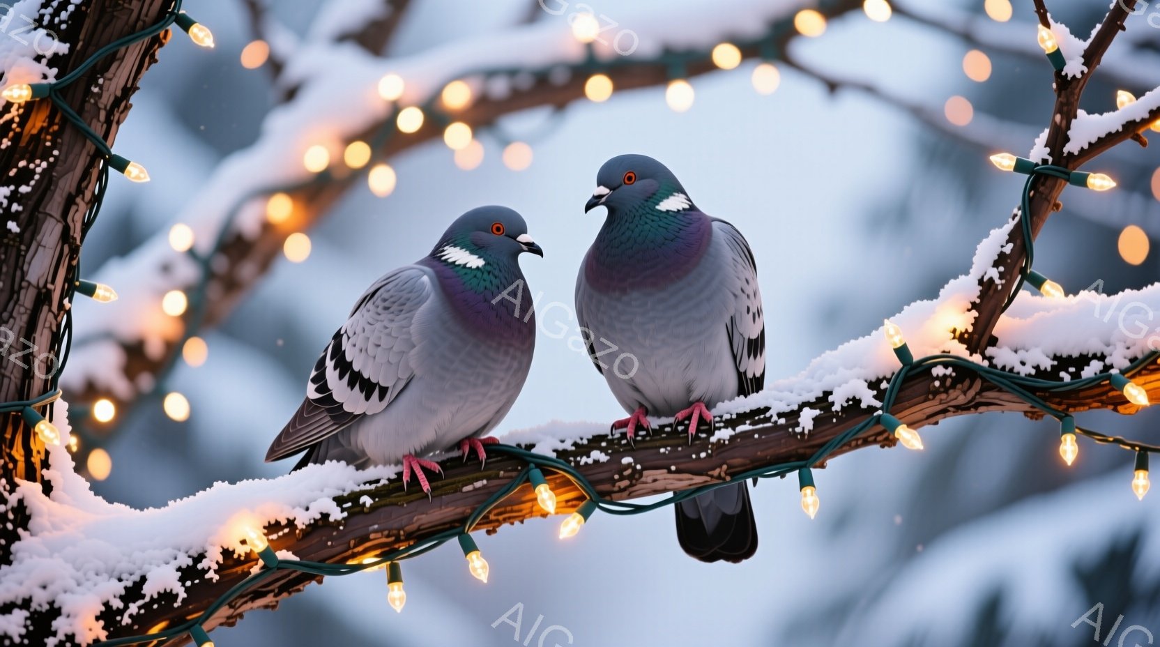 雪に覆われた木の枝に、二羽の鳩が寄り添って座っている。背景には、暖色のイルミネーションが輝き、冬の寒さの中での温かいコントラストを生み出している。鳩たちは互いに向き合い、穏やかな表情で静かに佇んでいる様子が、平和で穏やかな雰囲気を醸し出している。
