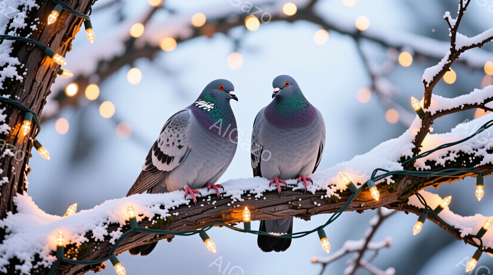雪をまとった木の枝に、二羽の鳩が寄り添って座っています。鳩たちは互いに顔を寄せ合い、穏やかな表情をしています。背景には、ぼやけた白い空と、温かい光を放つ電飾が散りばめられており、冬の静寂と温かさを感じさせる光景です。