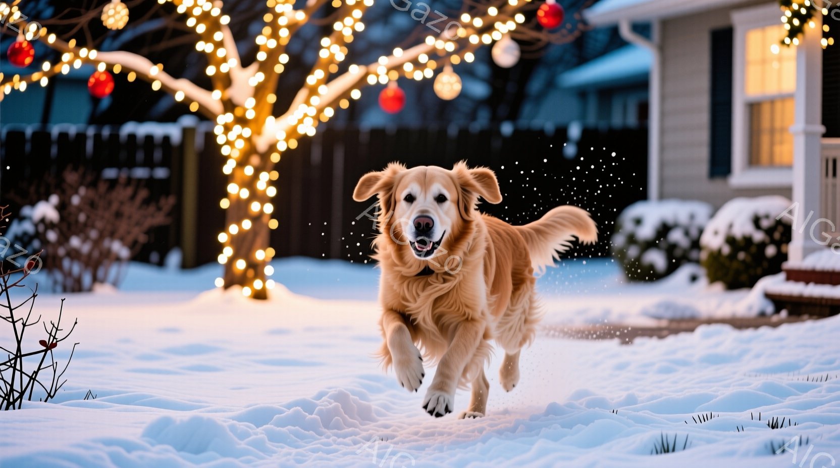 雪景色の中を、金色のレトリバーが勢いよく駆け抜けている。背景にはイルミネーションで飾られた木々と、雪に覆われた家が見え、暖かく幻想的な雰囲気を醸し出している。犬は口を開け、楽しそうな表情で雪の中を走り、冬の喜びを表現している。