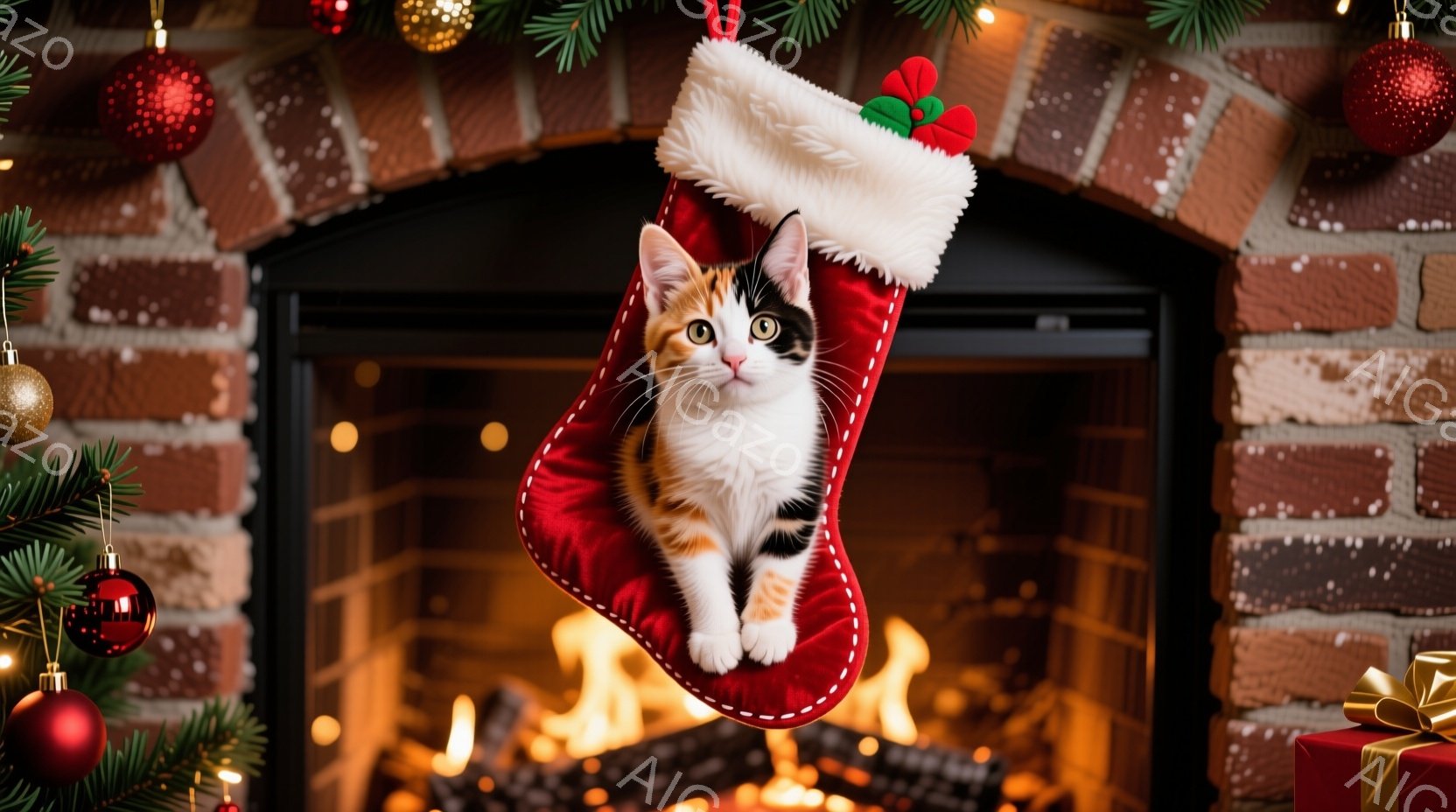 赤いクリスマスストッキングの中に、白と黒とオレンジ色の毛並みを持つ子猫が座っています。子猫は少し驚いたような表情で、前足はストッキングの縁から少し出しています。背景には、暖炉の炎とクリスマスツリーの装 - AI生成フリー素材