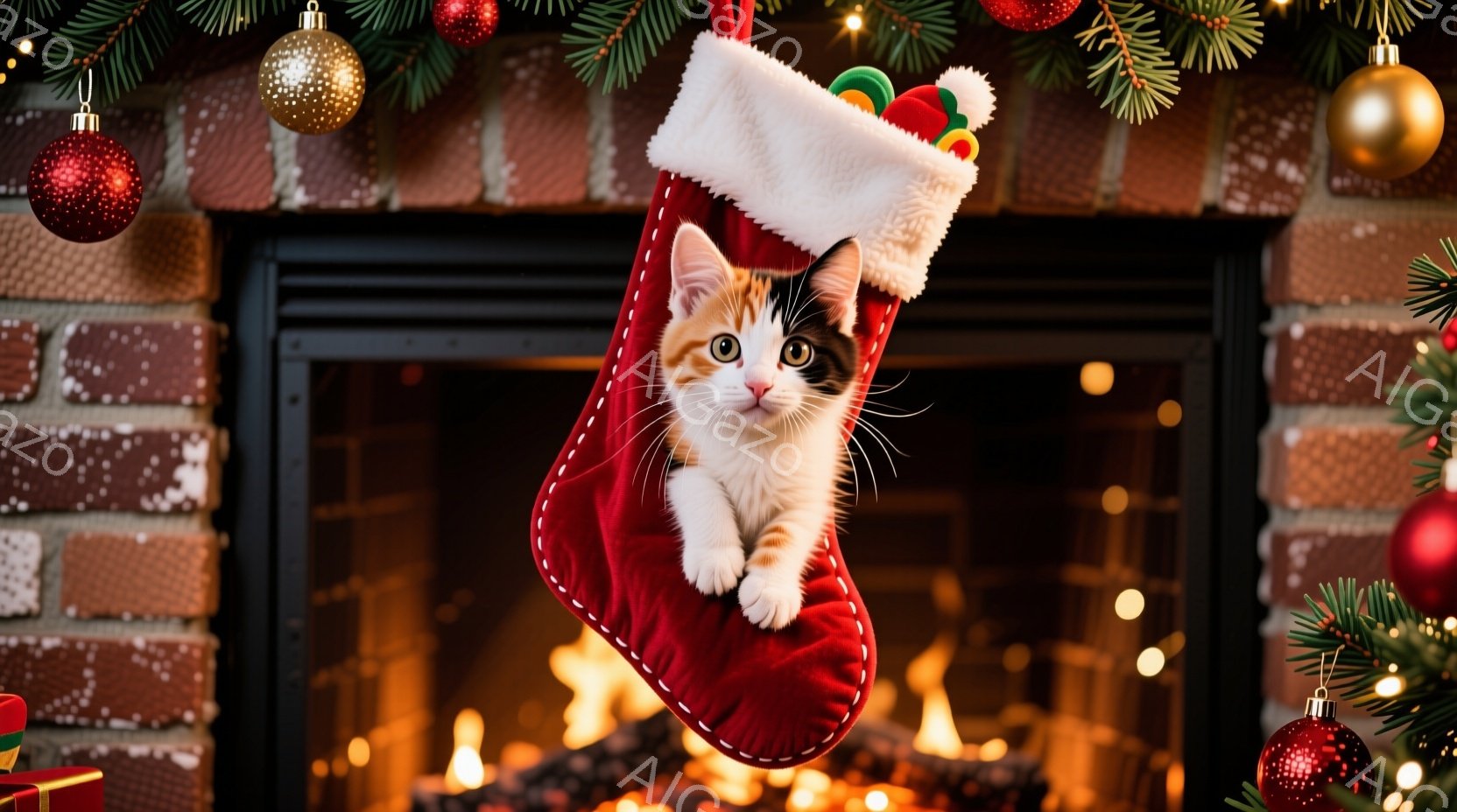 赤いクリスマスストッキングの中に、白と茶色のまだら模様の小さな子猫が可愛らしく座っています。子猫は少し不安そうに前を見つめ、その大きな瞳が印象的です。背景には暖炉の炎と、赤と金のクリスマスオーナメントで飾られた緑の木があり、温かくお祝いの雰囲気が漂っています。
