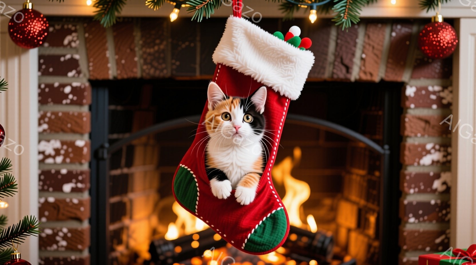 赤いクリスマスストッキングの中に、白と黒の模様が入った子猫が顔を出しています。背景には暖炉の炎と、クリスマスツリーの緑、そして赤いオーナメントが写り込み、温かく楽しい雰囲気を醸し出しています。まるでク - AI生成フリー素材