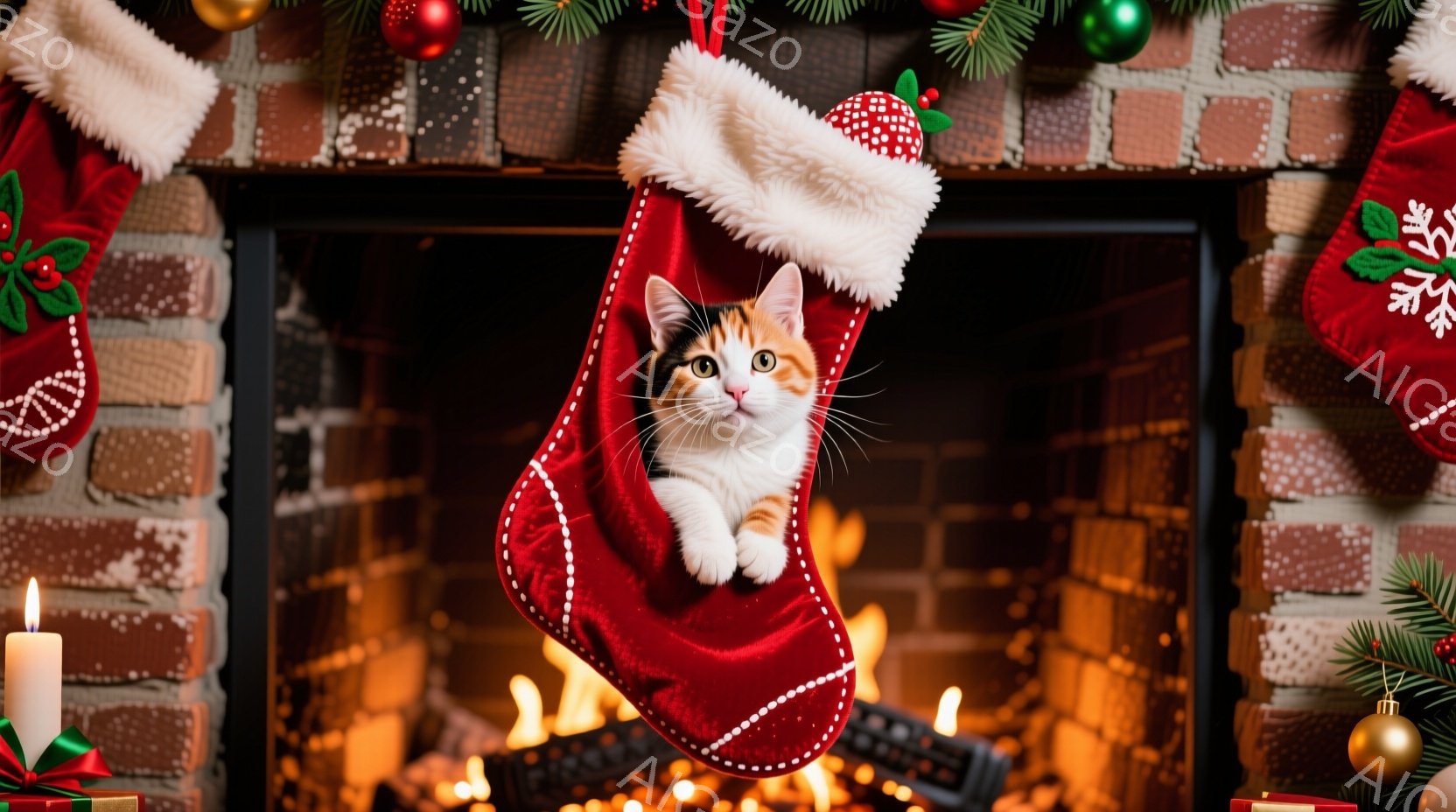 赤いクリスマスストッキングの中に、白と茶色のまだら模様の小さな子猫が座っています。子猫は好奇心と遊び心に満ちた表情で、少し外を覗き見ているようです。背景には暖炉の炎が燃え盛り、緑のクリスマスツリーの飾 - AI生成フリー素材