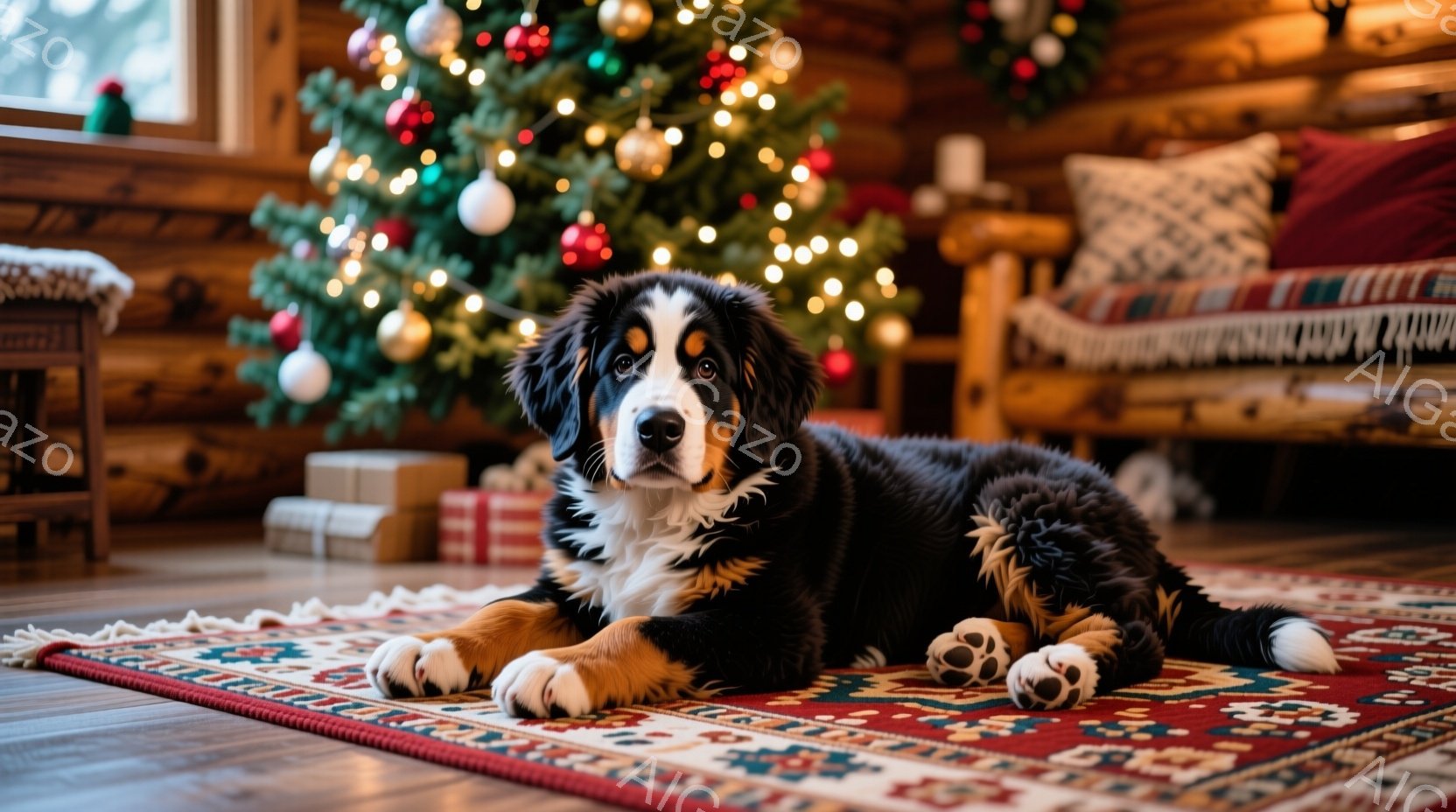 暖炉のある部屋の中央に、トリカラーのバーニーズ・マウンテン・ドッグが絨毯の上で横たわっています。犬はリラックスした表情で、カメラの方を見ており、背景にはクリスマスツリーとプレゼントの箱が置かれています - AI生成フリー素材