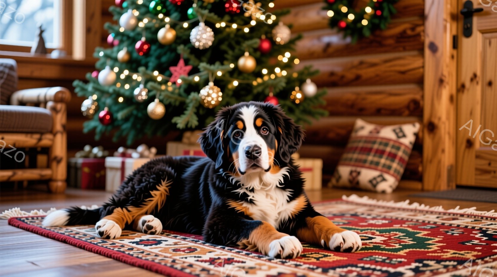 暖炉のある部屋の床に、ベルン山犬が敷かれた絨毯の上で横たわっています。犬は黒、白、茶色の毛並みで、リラックスした表情で正面を見つめています。背景にはクリスマスツリーが飾られ、プレゼントの箱やクッション - AI生成フリー素材