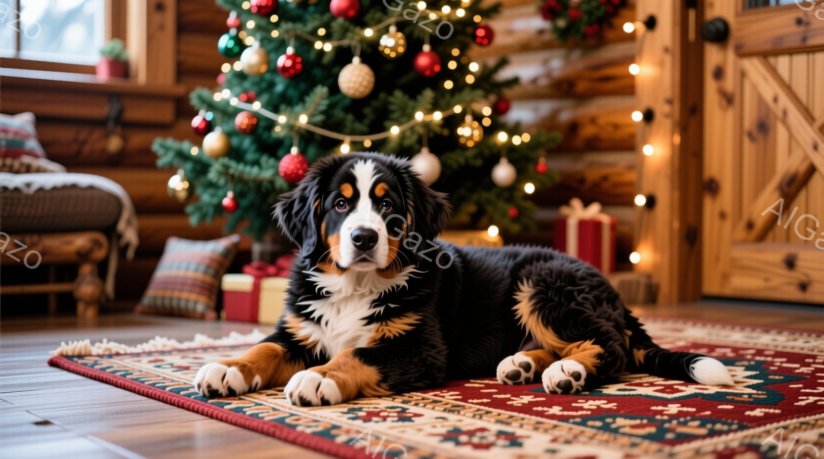 暖炉のある部屋で、伯爵犬の子犬が華やかな絨毯の上で横たわっています。クリスマスツリーが背景にあり、明るいオーナメントと光が暖かく心地よい雰囲気を醸し出しています。子犬は穏やかな表情でリラックスした姿勢 - AI生成フリー素材