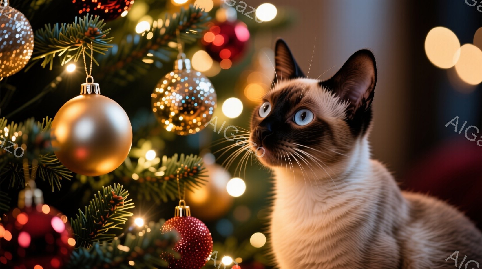 シーマ猫がクリスマスの飾り付けられたツリーの前に座っています。猫は明るい目を輝かせ、何かを見つめているようです。背景にはぼやけたクリスマスツリーのオーナメントと光があり、温かくお祝いの雰囲気を醸し出し - AI生成フリー素材