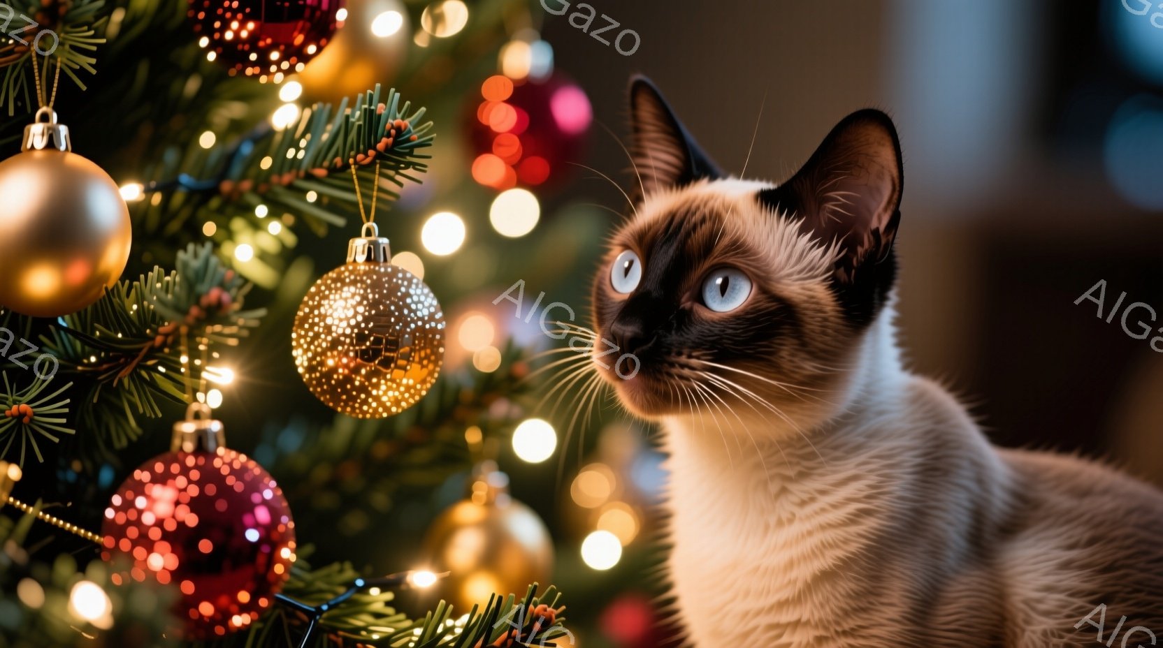 シーマ模様の猫がクリスマスツリーの前に座り、興味深そうに何かを見つめている。背景には、赤、金、銀のオーナメントで飾られた緑のクリスマスツリーがあり、ぼやけた光が暖かく輝いている。全体的に、猫の好奇心と - AI生成フリー素材