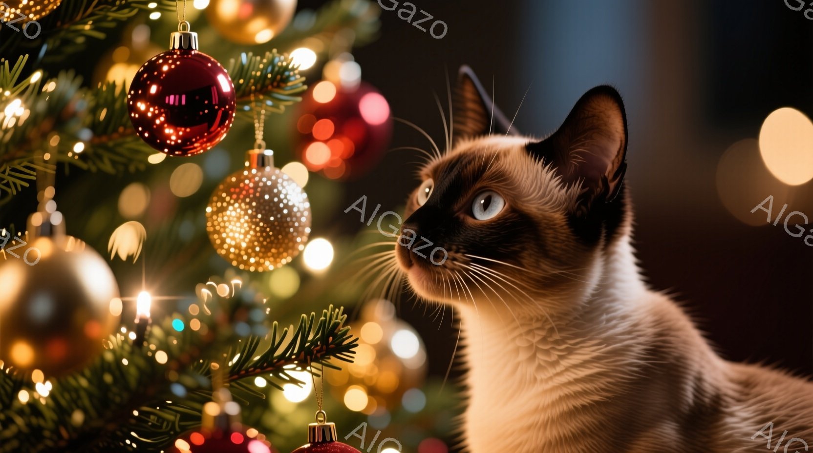 シーマーズ猫がクリスマスツリーのそばで横を向いて座っています。猫は明るい茶色の毛並みで、澄んだ青い目をしており、何かを見つめているようです。背景には、様々な色のオーナメントで飾られた緑色のクリスマスツ - AI生成フリー素材