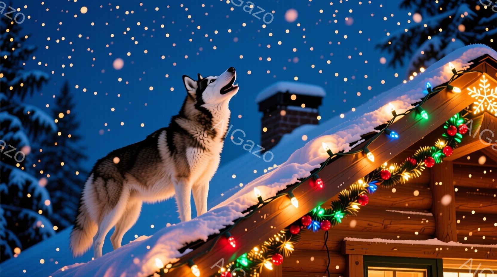 雪に覆われた屋根の上に、雄大なシベリアンハスキーが立ち、遠くを見つめて遠吠えをしている。クリスマスの飾り付けが施された家の壁と、雪が降り積もる暗い夜空が背景にあり、暖かく、冬の神秘的な雰囲気を醸し出している。雪とカラフルなライトが、ハスキーの毛並みと対照的に美しく、穏やかで静かな夜の情景が広がっている。