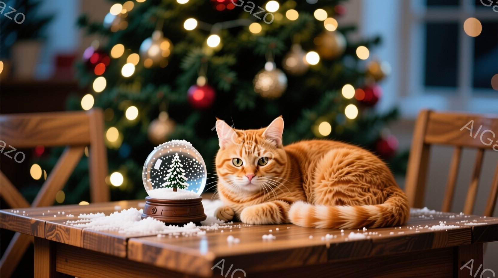 オレンジ色のトラ猫が木のテーブルの上に横たわっており、その近くには雪の結晶が散りばめられています。猫はリラックスした表情で、雪景色が入ったガラスのドームを見つめています。背景には、キラキラと光るクリスマスツリーがあり、暖かく穏やかな雰囲気を醸し出しています。