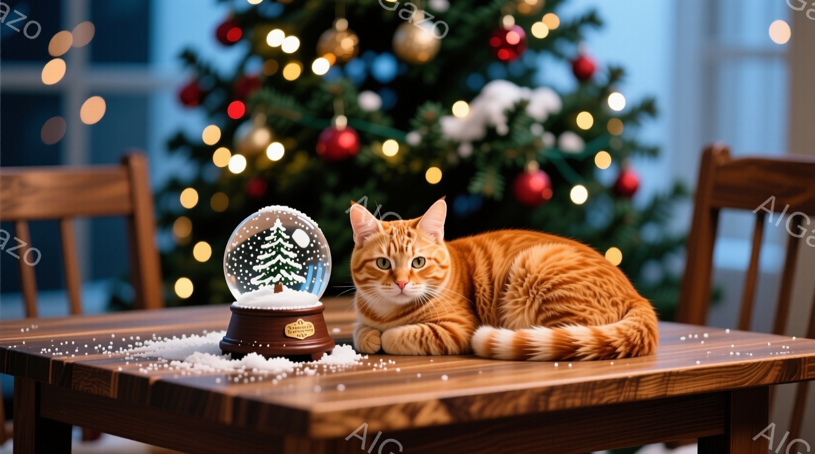 明るい木製のテーブルの上に、オレンジ色の毛並みを持つ猫が横たわっています。猫はリラックスした様子で、わずかにカメラを見つめています。背景には、クリスマスツリーが飾られ、暖かく、お祝いムードに満ちた雰囲 - AI生成フリー素材