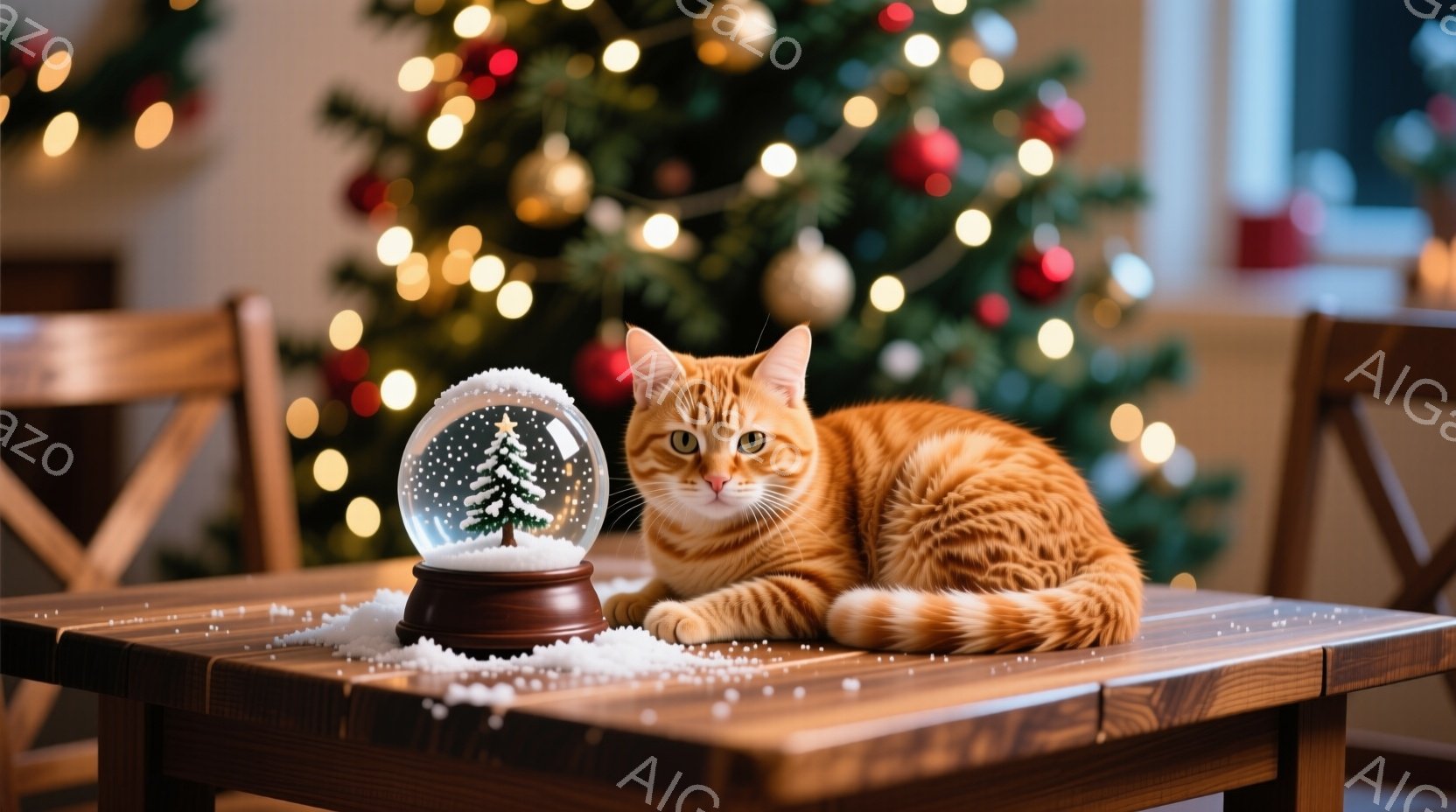 暖炉のある部屋の木製のテーブルの上に、オレンジ色の毛並みの猫が横たわっています。猫はリラックスした様子で、雪の結晶が散りばめられたテーブルに体を預れ、その隣には雪の結晶と小さなクリスマスツリーが入った - AI生成フリー素材
