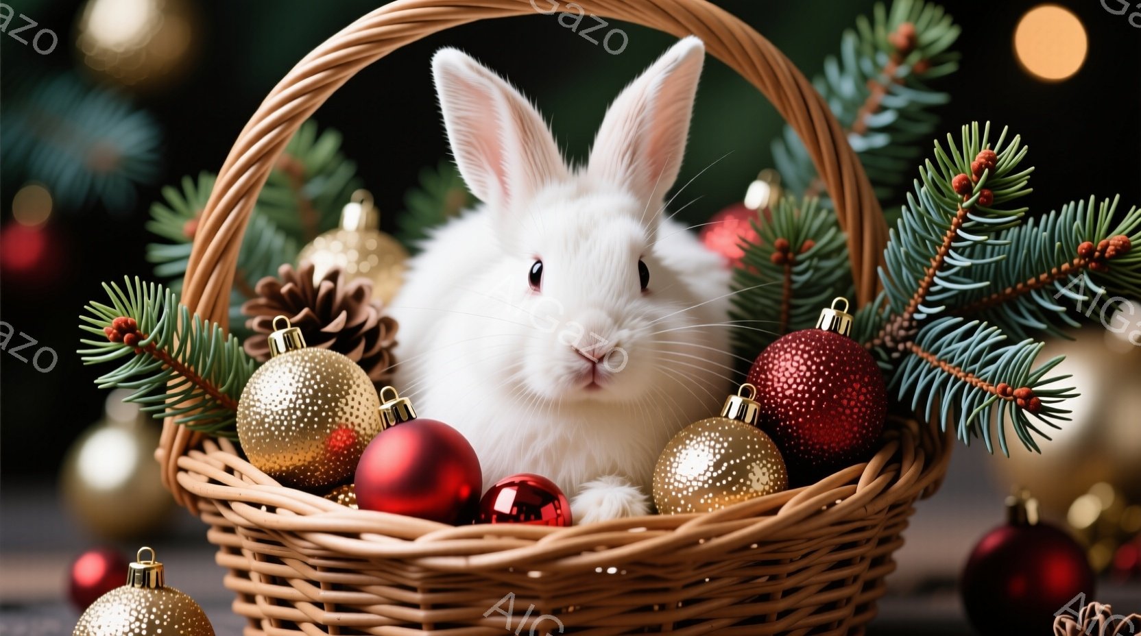 白いウサギが、クリスマスオーナメントやモミの枝で満たされたバスケットの中に座っています。ウサギは正面を見つめ、穏やかで可愛らしい表情をしています。背景にはぼやけたクリスマスツリーのライトが見え、全体的 - AI生成フリー素材