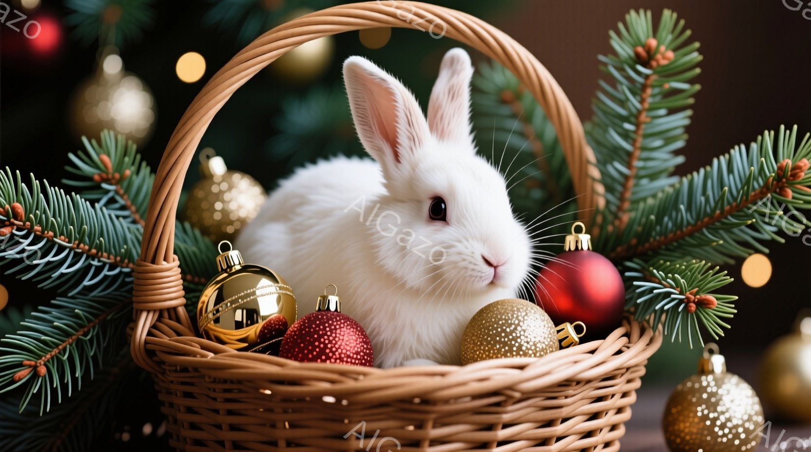 白いウサギが、クリスマスオーナメントと針葉樹に囲まれた籐の籠の中に座っています。ウサギは前をじっと見つめており、表情は穏やかで、ふわふわの毛並みが特徴的です。背景にはぼやけた金色のオーナメントが散りば - AI生成フリー素材