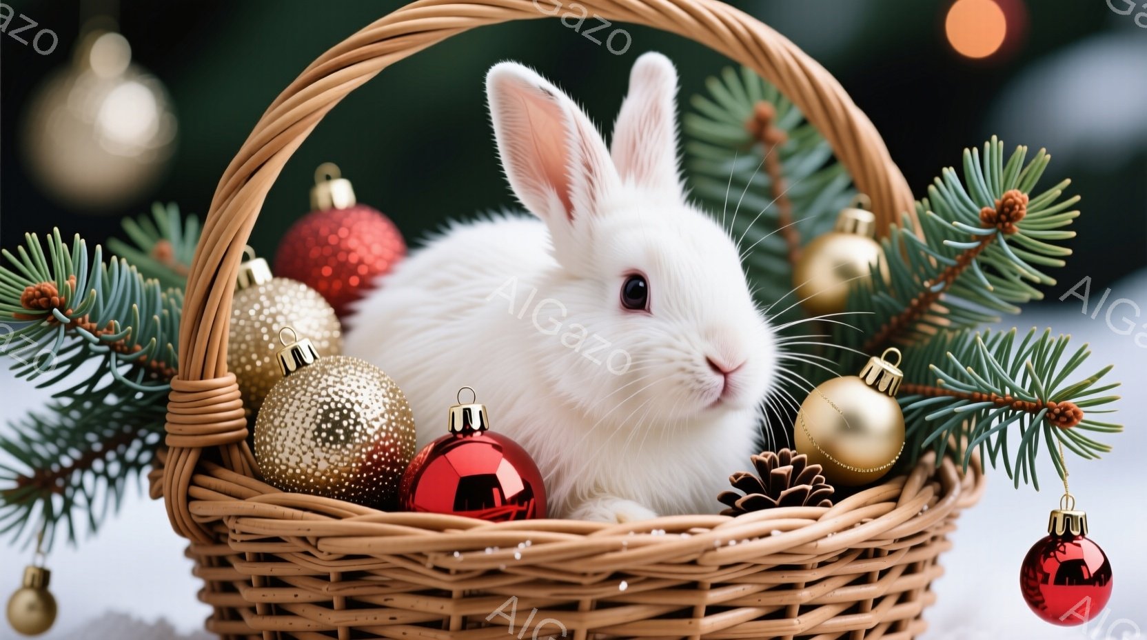 白いウサギが、クリスマスオーナメントで飾られた籐の籠の中にちょこんと座っています。ウサギは丸い目でカメラを見つめ、無邪気な表情をしています。背景には雪景色が広がり、クリスマスツリーの枝と松ぼっくりが彩 - AI生成フリー素材