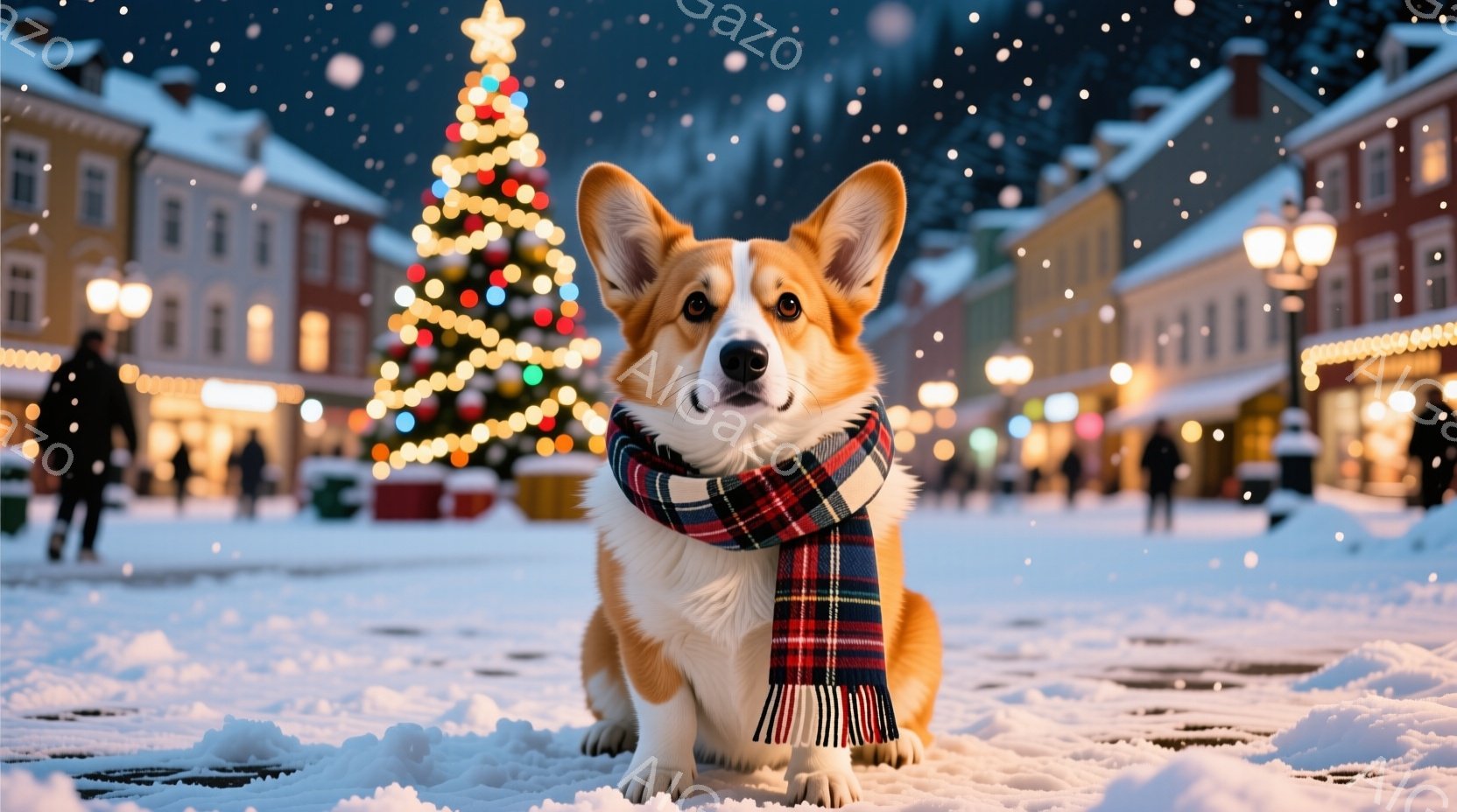 雪が舞う冬の街並みを背景に、コーギー犬が正面を見据え座っています。赤いチェック柄のマフラーを首に巻き、その表情は穏やかで可愛らしいです。背景には、クリスマスツリーが飾られた広場と、雪に覆われた建物が並 - AI生成フリー素材