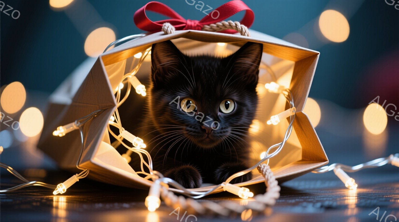 黒猫が茶色のギフトバッグの中に座っており、鋭い金色の瞳でカメラを見つめている。バッグはリボンで結ばれており、周りには暖色のイルミネーションライトが散らばり、柔らかく温かい雰囲気を醸し出している。背景は暗く、ライトがぼやけているため、猫が際立って見える。