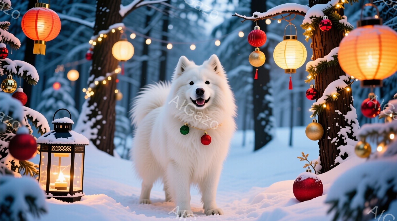 白い毛並みの大きな犬が雪景色の中に立っている。周りにはクリスマスのオーナメントや電飾が施された木々があり、暖かく幻想的な雰囲気を醸し出している。犬は落ち着いた表情で、赤い首輪をつけてまっすぐ前を見つめ - AI生成フリー素材