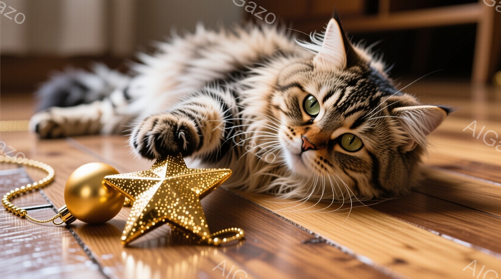 縞模様の猫が木の床の上で横たわっており、片足を金色の星のオーナメントに乗せています。猫はリラックスした表情で、落ち着いた眼差しでカメラを見ています。背景はぼかされており、暖色系の木製の床が猫の毛色と調和し、クリスマスの装飾が控えめに感じられる、穏やかな雰囲気です。