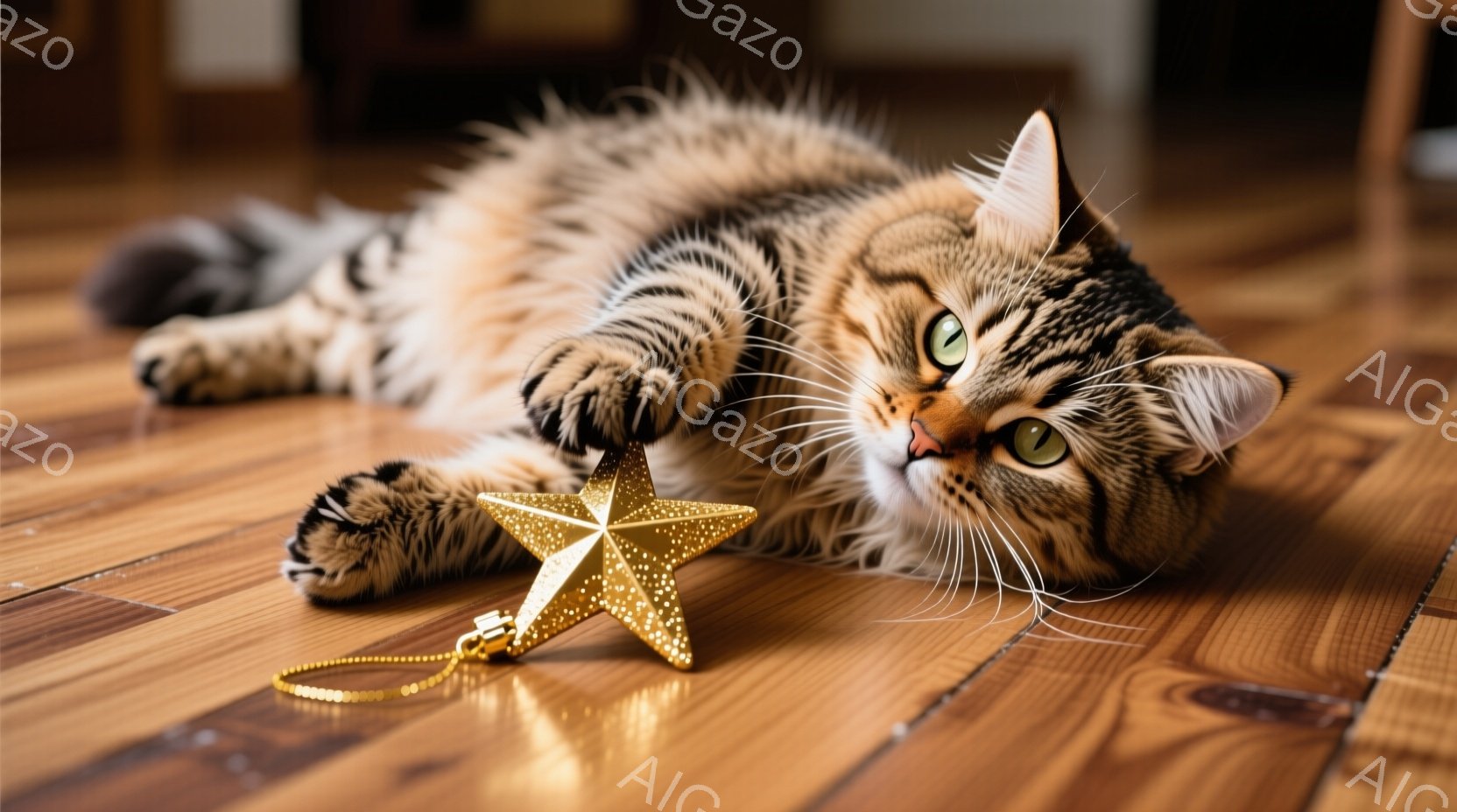 茶色と黒の縞模様の猫が木の床の上で横たわり、片足を伸ばして金色の星形のオーナメントに触れようとしています。猫は緑色の目を持ち、リラックスした表情で、まるで遊んでいるかのように見えます。背景はぼやけてい - AI生成フリー素材