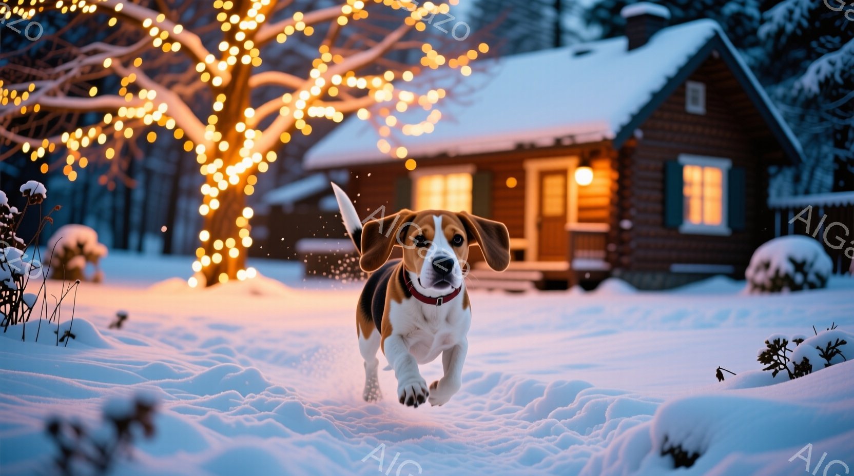 雪景色の中で、茶色と白のビーグル犬がこちらに向かって走ってきている。背景には、飾り付けられた木々と、温かい光が灯る可愛らしいログハウスが見え、冬の暖かい雰囲気が漂っている。雪はふんわりと降り積もり、犬 - AI生成フリー素材